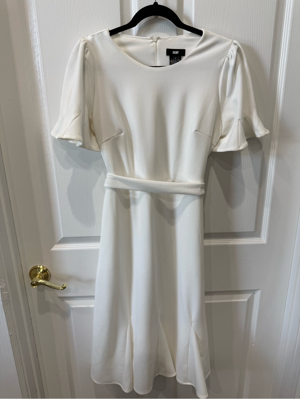 DKNY White Belted Midi Dress with Flutter Sleeves